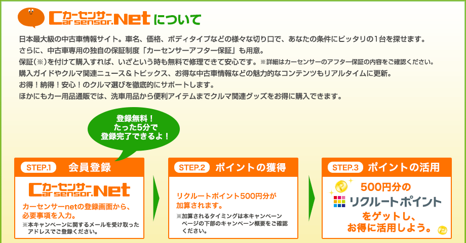 カーセンサーnetについて 日本最大級の中古車情報サイト。車名、価格、ボディタイプなどの様々な切り口で、あなたの条件にピッタリの1台を探せます。 さらに、中古車専用の独自の保証制度「カーセンサーアフター保証」も用意。 保証(※)を付けて購入すれば、いざという時も無料で修理できて安心です。 ※詳細はカーセンサーのアフター保証の内容をご確認ください。 購入ガイドやクルマ関連ニュース&トピックス、お得な中古車情報などの魅力的なコンテンツもリアルタイムに更新。 お得!納得!安心!のクルマ選びを徹底的にサポートします。 ほかにもカー用品通販では、洗車用品から便利アイテムまでクルマ関連グッズをお得に購入できます。 登録無料!たった5分で登録完了できるよ! STEP.1 会員登録 カーセンサーnetの登録画面から、必要事項を入力。※本メールを受け取ったメールアドレスでご登録ください。 STEP.2 ポイントの獲得 リクルートポイント500円分が加算されます。※加算されるタイミングは本キャンペーンページの下部のキャンペーン概要をご確認ください。 STEP.3 ポイントの活用 500円分のリクルートポイントをゲットし、お得に活用しよう。