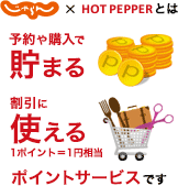 じゃらん×HOT PEPPERとは　予約や購入で貯まる　割引に使える　1ポイント＝1円相当　ポイントサービスです