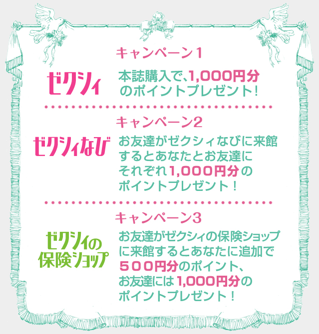 キャンペーン1ゼクシィ本誌購入で、1,000円分のポイントプレゼント！ キャンペーン2ゼクシィなびお友達がゼクシィなびに来館するとあなたとお友達にそれぞれ1,000円分のポイントプレゼント！キャンペーン3ゼクシィの保険ショップお友達がゼクシィの保険ショップに来館するとあなたに追加で500円分のポイント、お友達には1,000円分のポイントプレゼント！