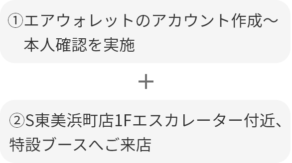 ①エアウォレットのアカウント作成〜本人確認を実施＋②S東美浜町店1Fエスカレーター付近、特設ブースへご来店