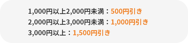 1,000円以上2,000円未満：500円引き 2,000円以上3,000円未満：1,000円引き 3,000円以上：1,500円引き