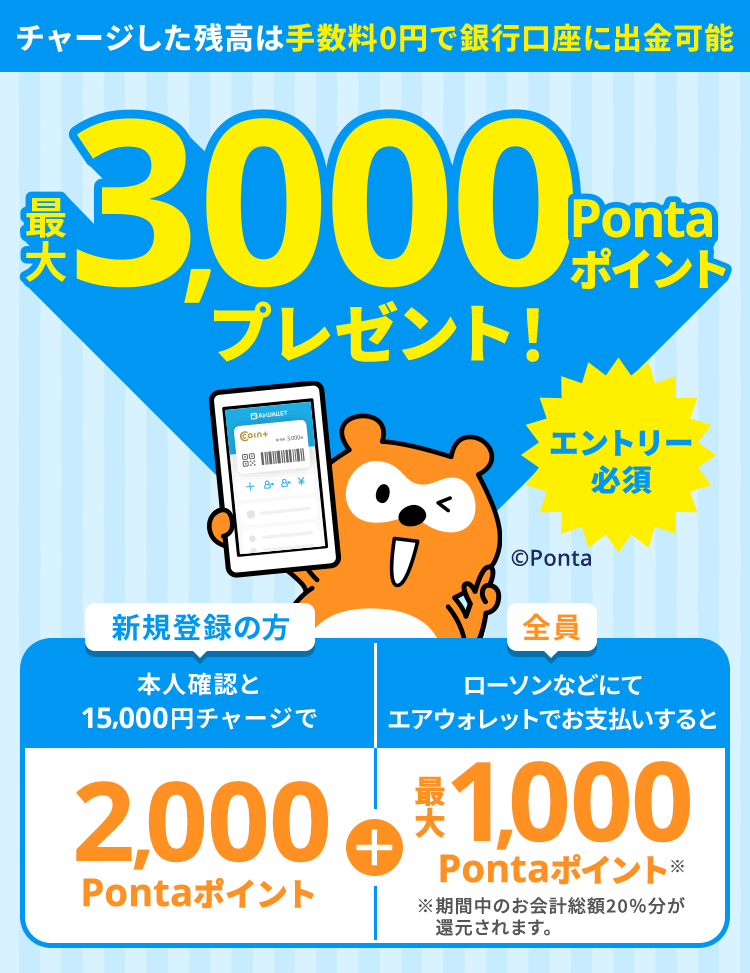 最大3,000Pontaポイントプレゼント 新規登録の方 本人確認と15,000円チャージで2.000Pontaポイント 全員 全加盟店でCOIN+でお支払いすると最大1.000Pontaポイント