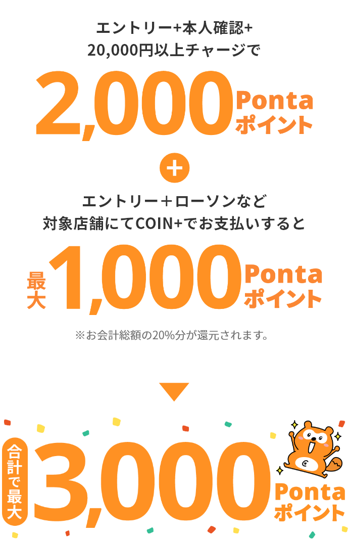 エントリー＋本人確認＋20,000円チャージで2,000Pontaポイント＋エントリー＋ローソンなど対象店舗にてCOIN+でお支払いすると最大1,000Pontaポイント ※お会計総額の20%分が還元されます。