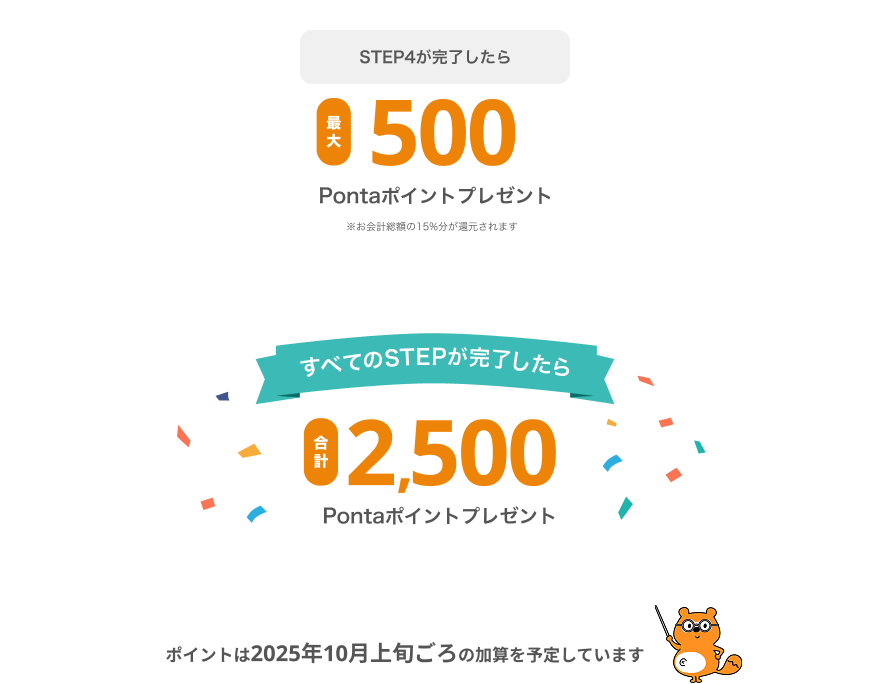 STEP4が完了したら最大500Pontaポイントプレゼント