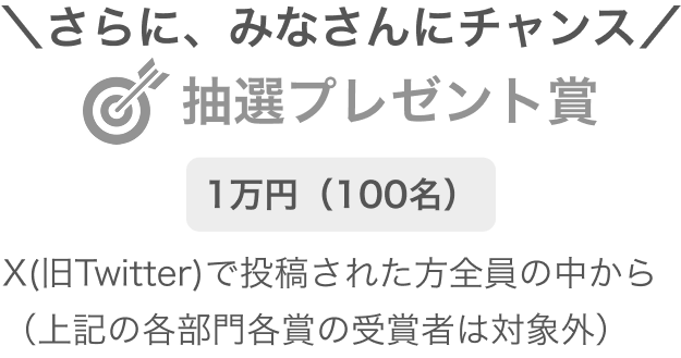 さらに、みなさんにチャンス 抽選プレゼント賞1万円（100名）X(旧Twitter)で投稿された方全員の中から（上記の各部門各賞の受賞者は対象外）