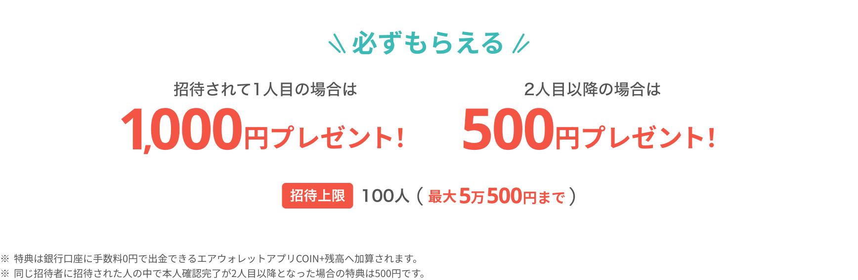 必ずもらえる招待されて1人目の場合は1,000円プレゼント!2人目以降は500円プレゼント!