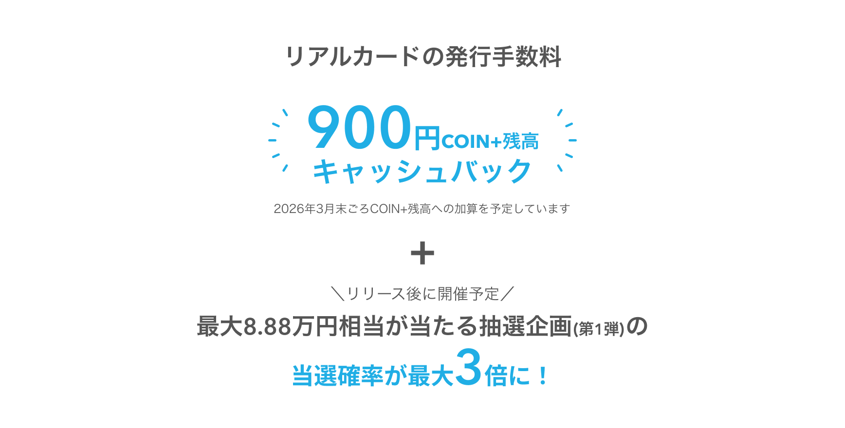 リアルカードの発行手数料900円COIN+残高キャッシュバック2026年3月末ごろCOIN+残高への加算を予定していますリリース後に開催予定最大8.88万円相当が当たる初回の抽選企画(第1弾)の当選確率が最大3倍に！