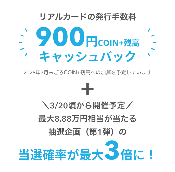 リアルカードの発行手数料900円COIN+残高キャッシュバック2026年3月末ごろCOIN+残高への加算を予定しています3/20頃から開催予定最大8.88万円相当が当たる抽選企画(第1弾)の当選確率が最大3倍に！