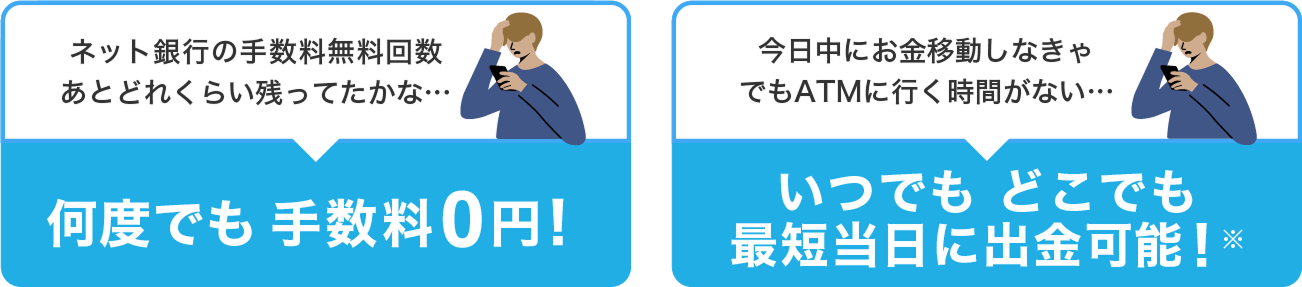 ネット銀行の手数料無料回数あとどれくらい残ってたかな何度でも手数料0円！ 今日中にお金移動しなきゃでもATMに行く時間がないいつでもどこでも最短当日に出金可能！