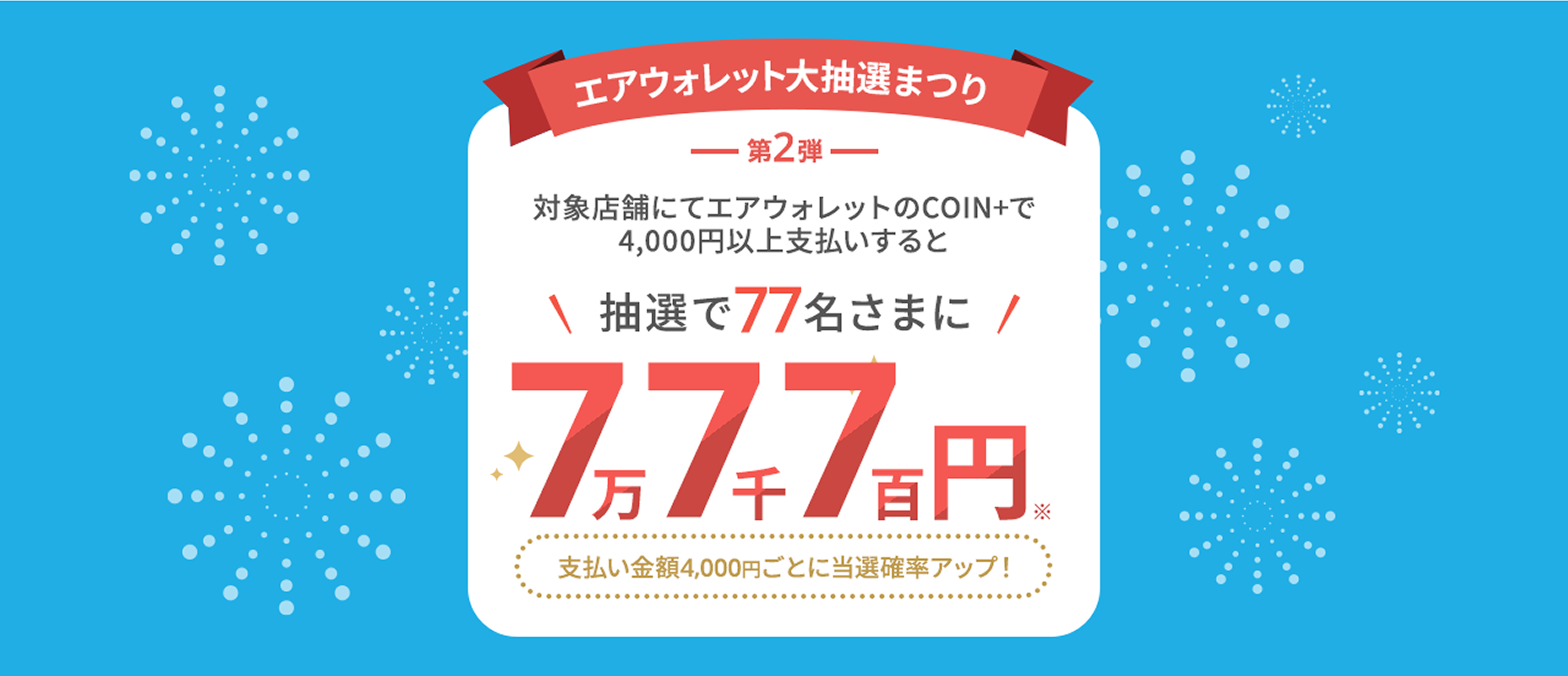 エアウォレット大抽選まつり第2弾 対象店舗にてエアウォレットのCOIN+で4,000円以上支払いすると抽選で77名さまに7万7千7百円*支払い金額4,000円ごとに当選確率アップ!