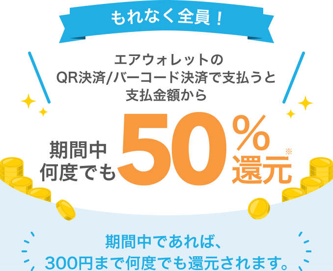 もれなく全員!エアウォレットのQR決済/バーコード決済で支払うと支払金額から期間中何度でも50%還元 期間中であれば300円まで何度でも還元されます。
