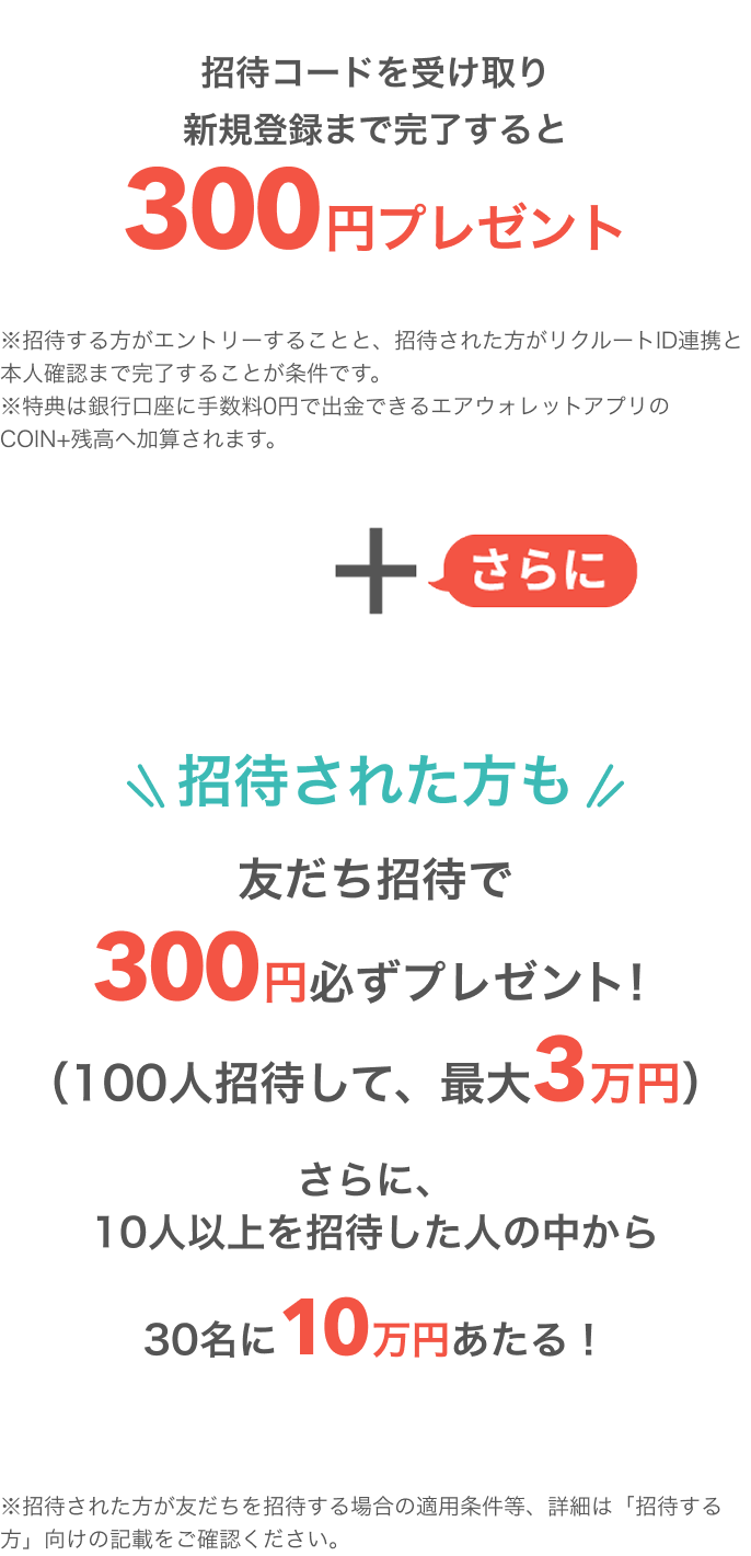 招待コードを受け取り新規登録まで完了すると300円プレゼント