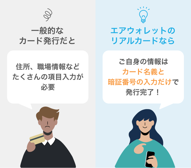 一般的なカード発行だと 住所、職場情報などたくさんの項目入力が必要 エアウォレットのリアルカードなら! ご自身の情報はカード名義と暗証番号の入力だけで発行完了!