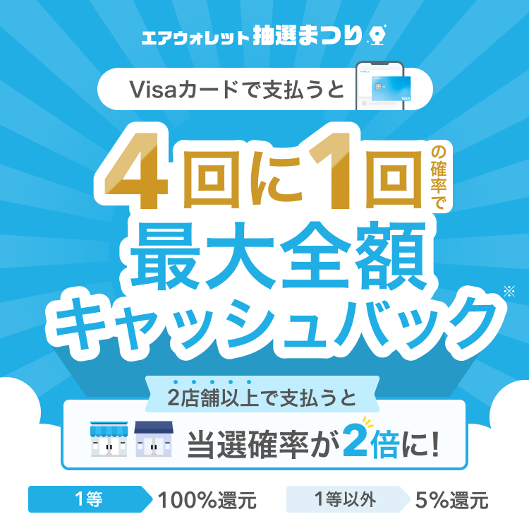 エアウォレット抽選まつり エアウォレットのVisaカードで支払うと4回に1回の確率で最大全額キャッシュバック※ 2店舗以上で支払うと当選確率が2倍に! 1等100%還元 1等以外5%還元