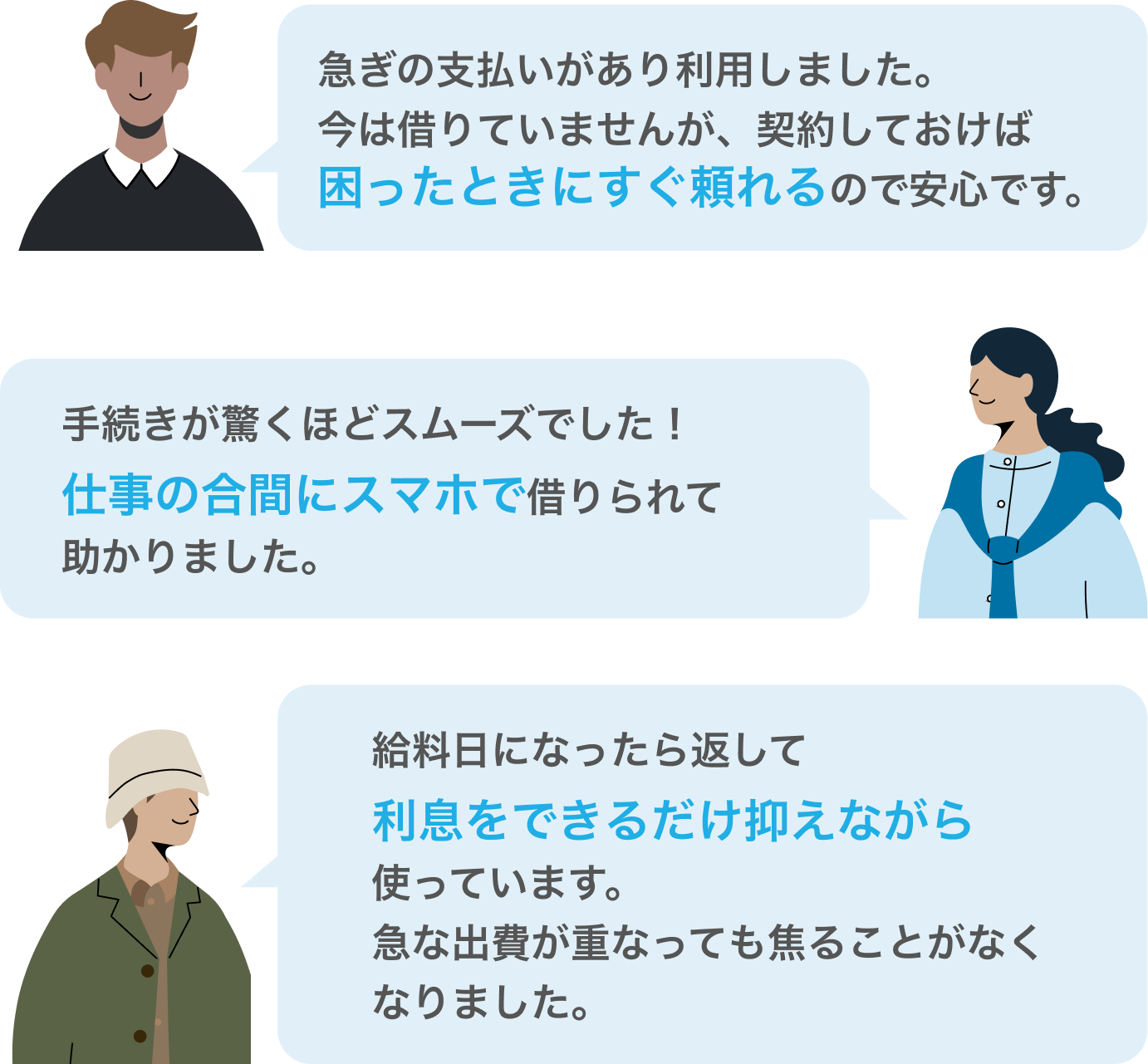 ご利用中のお客様の声 急ぎの支払いがあり利用しました。今は借りていませんが、契約しておけば困ったときにすぐ頼れるので安心です。 手続きが驚くほどスムーズでした！仕事の合間にスマホで借りられて助かりました。 給料日になったら返して利息をできるだけ抑えながら使っています。急な出費が重なっても焦ることがなくなりました。