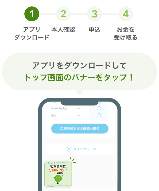 1.アプリダウンロード 2.本人確認 3.申込 4.お金を受け取る アプリをダウンロードしてトップ画面のバナーをタップ!