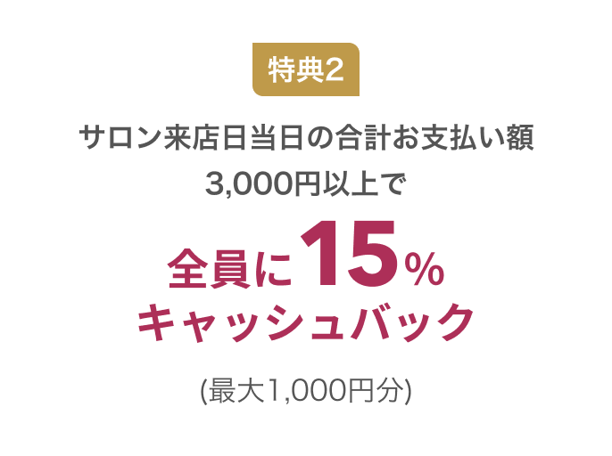 特典2 サロン来店日当日の合計お支払い額3,000円以上で全員に15％キャッシュバック(最大1,000円分)