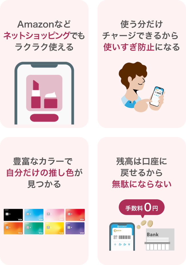 Amazonなどネットショッピングでもラクラク使える 使う分だけチャージできるから使いすぎ防止になる 豊富なカラーで自分だけの推し色が見つかる 残高は口座に戻せるから無駄にならない
