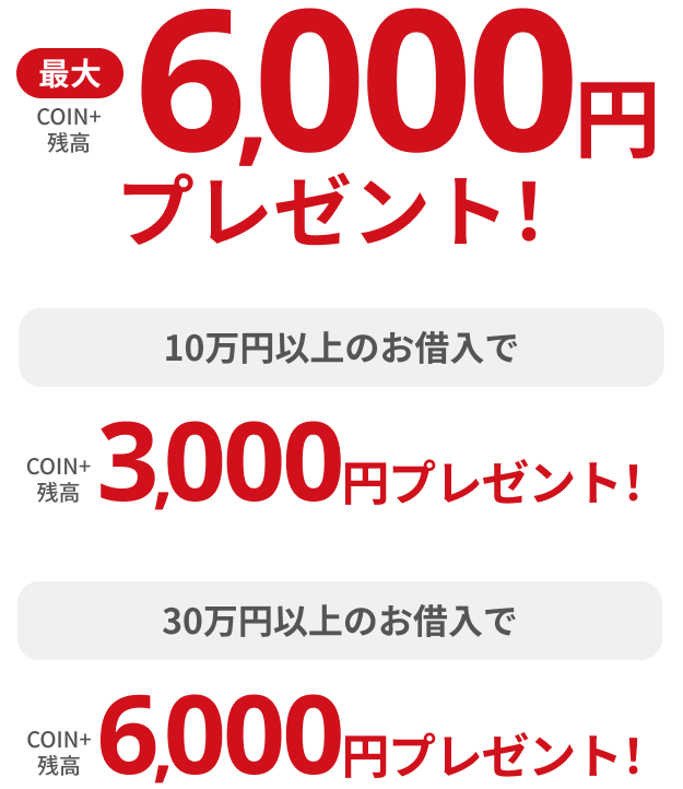 最大COIN+残高6,000円プレゼント！10万円以上のお借入でCOIN+残高3,000円プレゼント！30万円以上のお借入でCOIN+残高6,000円プレゼント！