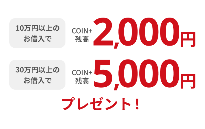 10万円以上のお借入でCOIN+残高2,000円30万円以上のお借入でCOIN+残高5,000円プレゼント！