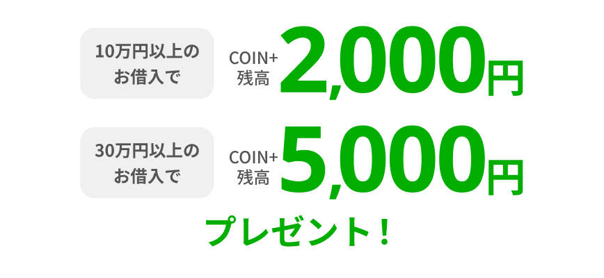 10万円以上のお借入でCOIN+残高2,000円30万円以上のお借入でCOIN+残高5,000円プレゼント！