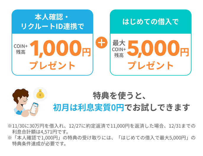 本人確認・リクルートID連携でCOIN+残高1,000円プレゼント+はじめてのお借入で最大COIN+残高5,000円のプレゼント
