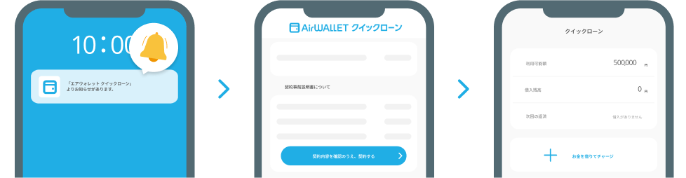 審査完了の通知がきたら、エアウォレットアプリで契約内容をチェックしてお金を借りる