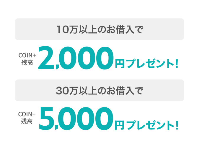 10万以上のお借入で2,000円COIN+残高プレゼント 30万以上のお借入で5,000円COIN+残高プレゼント