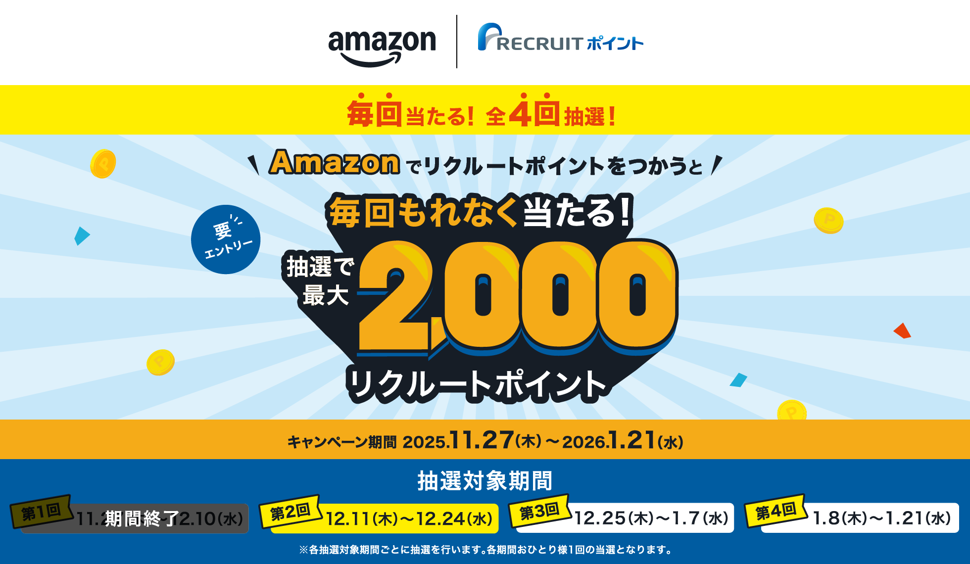 Amazonでリクルートポイントをつかうと抽選で最大2,000リクルートポイント毎回もれなく当たる!