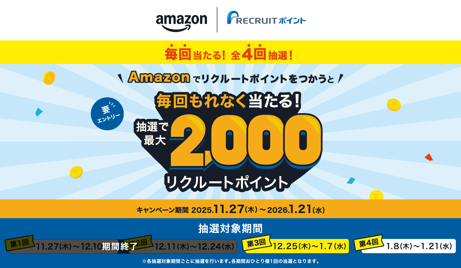 Amazonでリクルートポイントをつかうと抽選で最大2,000リクルートポイント毎回もれなく当たる！