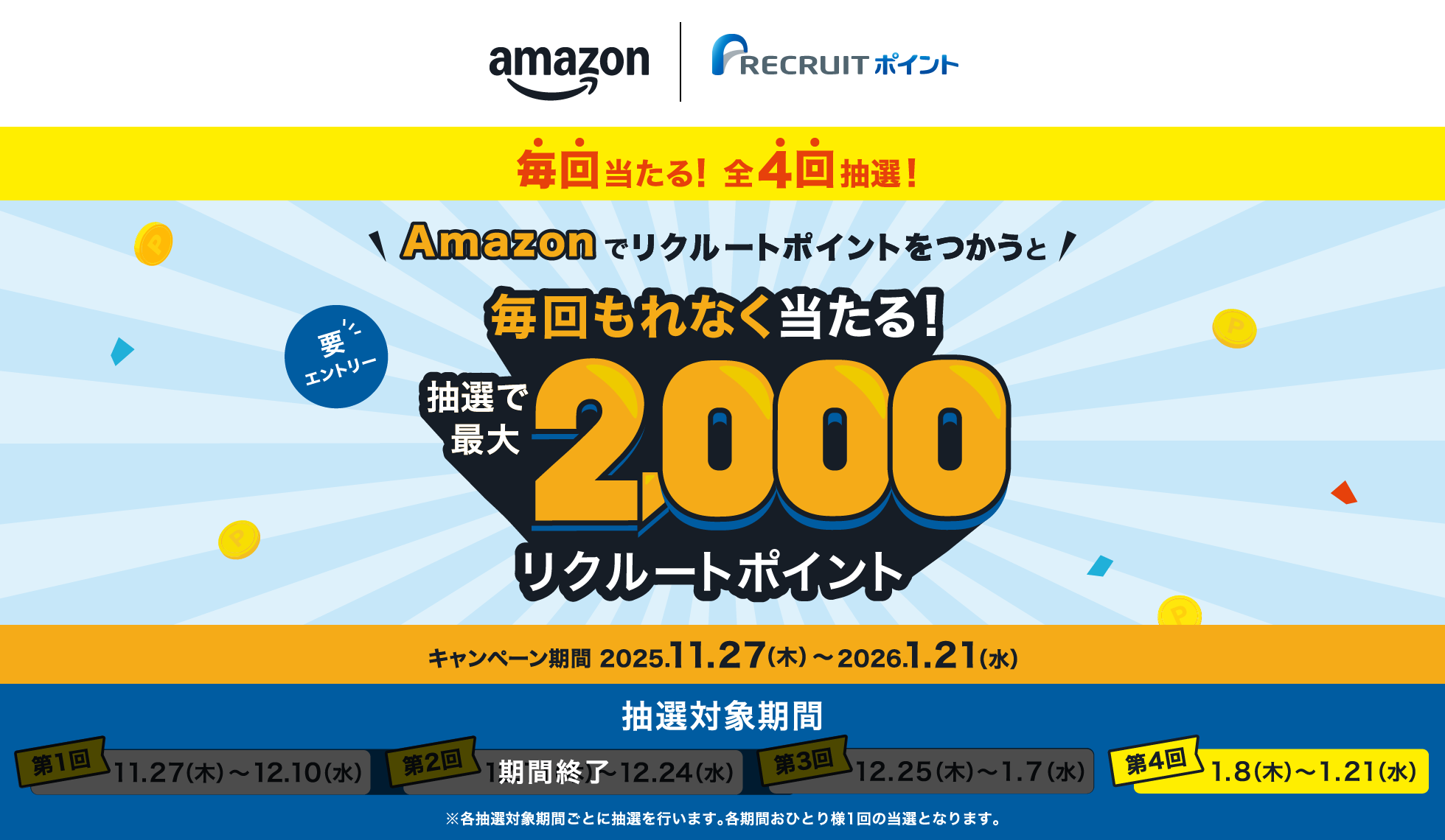 Amazonでリクルートポイントをつかうと抽選で最大2,000リクルートポイント毎回もれなく当たる！