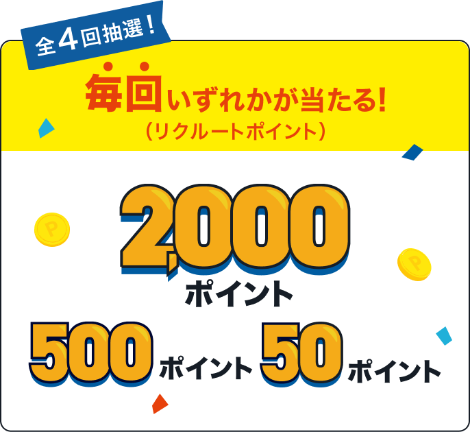 全4回抽選！毎回いずれかが当たる！（リクルートポイント）2,000ポイント 500ポイント 50ポイント